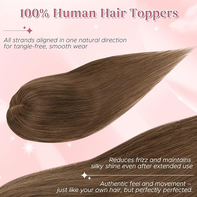 Real Human Hair Toppers for Women 3.54"*4.72" Silky Base 150% Density With Bangs Adjustable Parting Clip-In Topper Hairpieces for Women with Thinning Hair 14 Inches Medium Brown