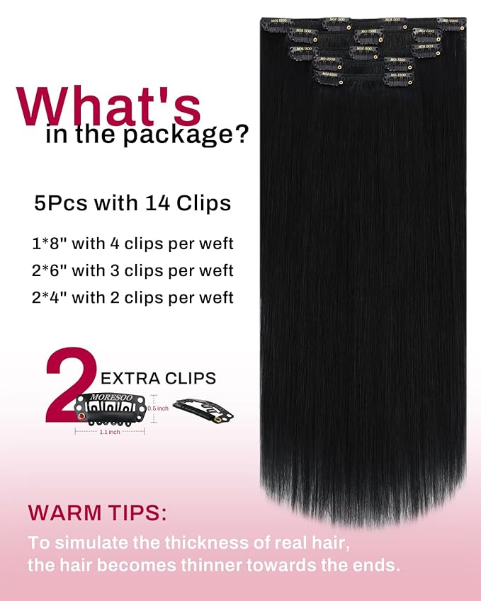Moresoo Clip in Hair Extensions Real Human Hair Black 5pcs 80g Remy Straight Invisible Lace Double Weft Jet Black Human Hair Clip in Extensions #1 22inch