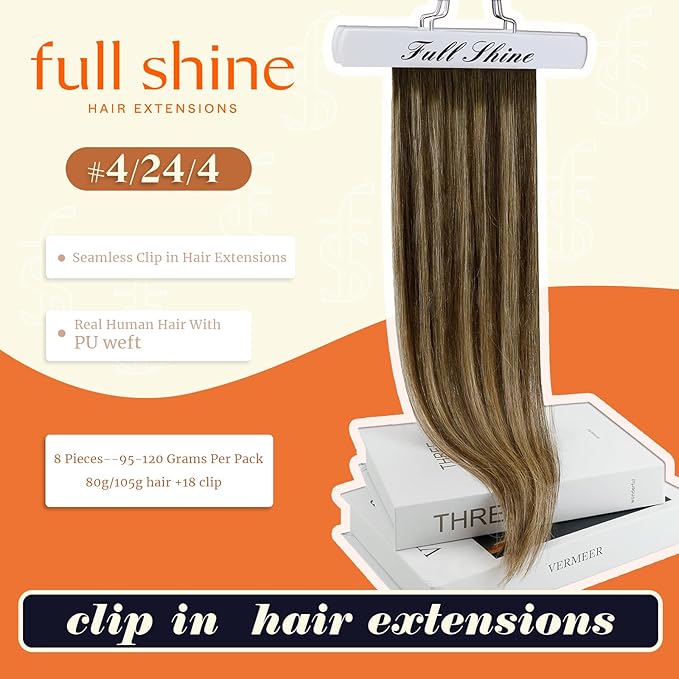 Full Shine Seamless Clip in Hair Extensions Balayage Brown Clip in Extensions Real Human Hair Medium Brown Ombre Honey Blonde Short Clip ins 14 Inch 120 G 8 PCS
