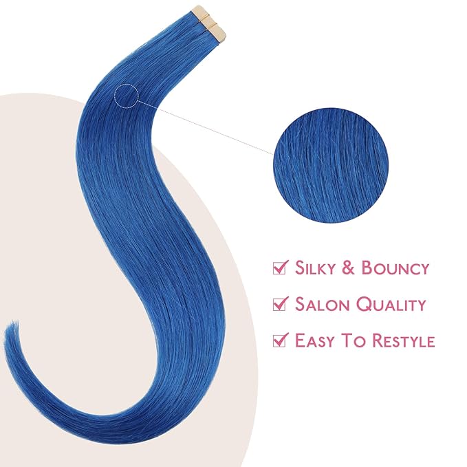 WENNALIFE Tape in Hair Extensions Human Hair Blue Tape in Extensions, 10pcs 30g 20 inch Remy Invisible Tape Ins Straight Colored Soft Real Human Hair Tape in Extensions Refill Set Extensions