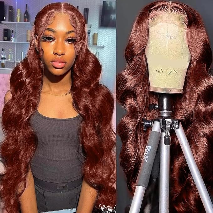 200% Density Reddish Brown Colored Human Hair Lace Front Wigs 13x4 Glueless Wigs Human Hair Pre Plucked Body Wave Glueless Wigs Human Hair Transparent HD Lace Frontal Human Hair Wigs 28Inch