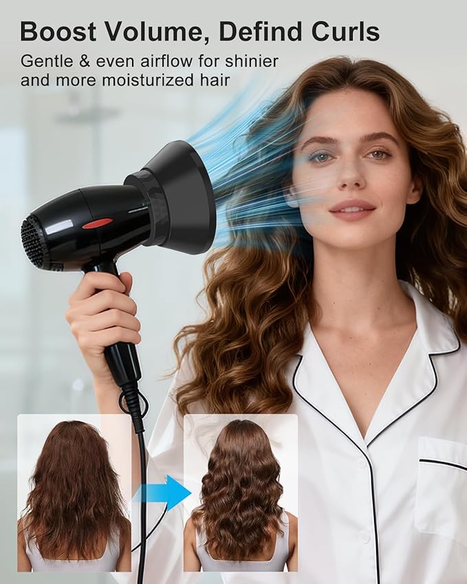 Universal Hair Dryer Diffuser, Foldable Diffuser Attachment for Curly & Wavy Hair, Fits 1.6" to 3.2" Nozzle Dryers, Enhances Curls Definition & Reduces Frizz for Natural Hair(Black)