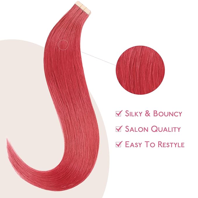 WENNALIFE Tape in Hair Extensions Human Hair Coral Red Tape in Extensions, 10pcs 25g 16 inch Remy Invisible Tape Ins Straight Colored Soft Real Human Hair Tape in Extensions Refill Set Extensions