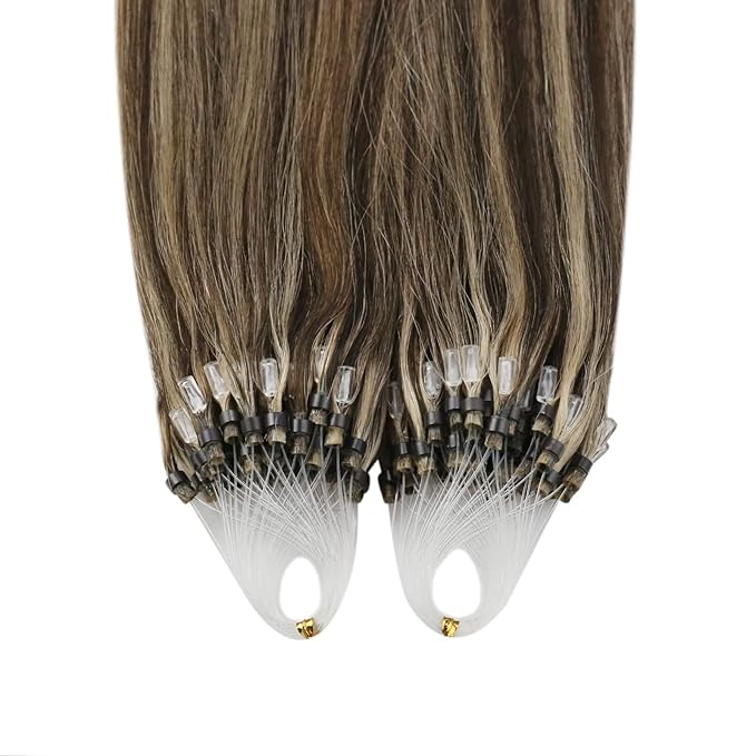 YoungSee Micro Link Hair Extensions Human Hair Brown Microbead Hair Extensions Human Hair Brown Highlight Blonde Beaded Hair Extensios 16In Micro Loop Hair Extension 50g 50s Remy Hair for Wedding