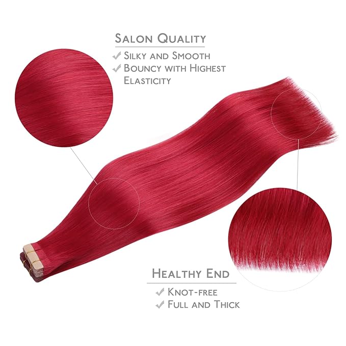 WENNALIFE Tape in Hair Extensions Human Hair, 20pcs 50g 24 inch Red Remy Hair Extensions for Women Tape Ins Straight Extensiones De Cabello Humano Skin Weft
