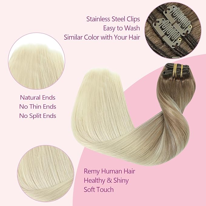 PINKPEARL Human Hair Clip in Hair Extensions 16inch #8T60 Ash Brown to Platinum Blonde Balayage Clip in Hair Extensions Real Human Hair 7pcs 120g Natural Remy Human Hair(#8T60-16)