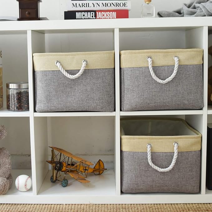 TheWarmHome Storage Bins Baskets for Organizing - Extra Jumbo 3 Pack 20.5Lx15.7Wx13.8H Sturdy Fabric Storage Basket for Shelves, Decorative Foldable Closet Nursery Toy (Gold&Grey)