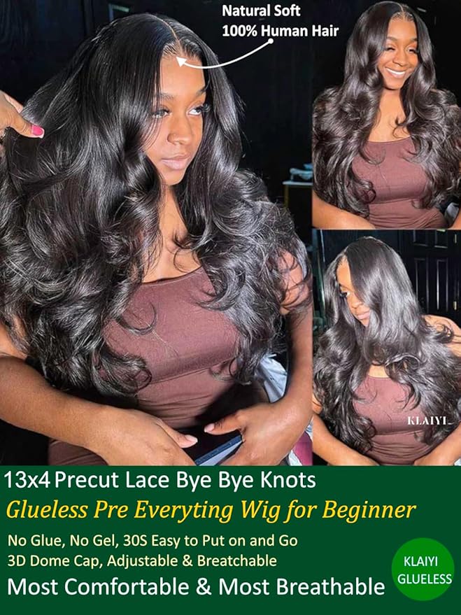 KLAIYI Wear And Go Glueless Wig Bye Bye Knots 13x4Precut Lace Front Wigs Human Hair Loose Body Wave Wig Pre Bleached Pre Everything Pre Plucked with Baby Hair 3S Ready to Wear Beginner Friendly 24Inch
