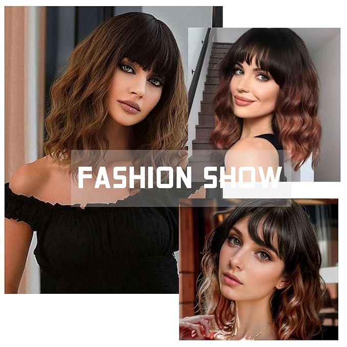 MISSQUEEN Short Brown Wig with Bangs for Women Shoulder Length Bob Curly Women's Charming Synthetic Black to Brown Wigs Natural Wavy Heat Resistant Hair for Daily Party Use