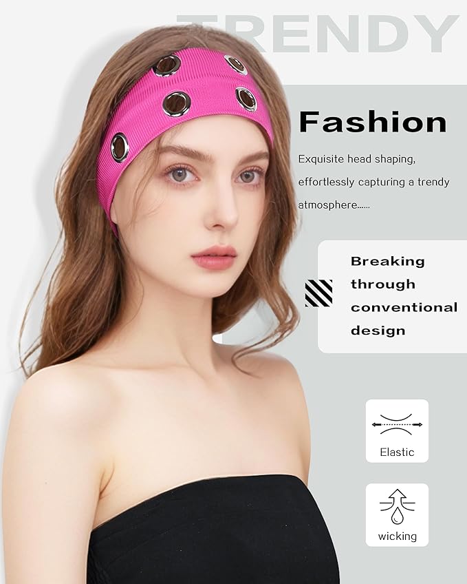 Grommet Headband for Women, Hot Pink 23cm Hollow Out Elastic Hair Band, Eyelets Punk Grunge Stylish Hairband