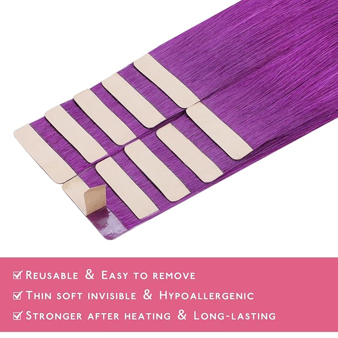 WENNALIFE Tape in Hair Extensions Human Hair Purple Tape in Extensions, 10pcs 25g 16 inch Remy Invisible Tape Ins Straight Colored Soft Real Human Hair Tape in Extensions Refill Set Extensions