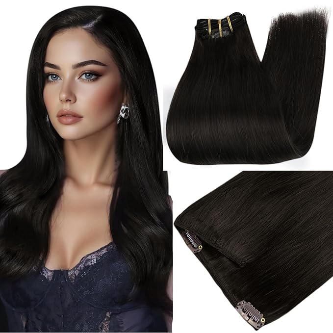 Full Shine Black Clip in Hair Extensions Human Hair 150 G 22 Inch Black Extensions Clip in for Festivals for Hairstyles 7 Pcs