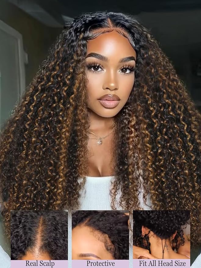 YIROO EasiContour V Part Ombre Brown Human Hair Wig Curly 12A Glueless Upgrade U Part Wig Ombre Black to Chestnut Brown No Leave Out V Shape Clip Wigs Ready to Go 150% Density Beginner Friendly 16Inch