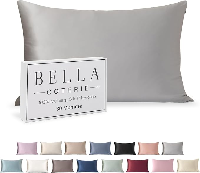 Bella Coterie Luxury Silk Pillowcase for Hair and Skin | 30 Momme | 100% Pure 6A Mulberry Silk | Super Soft | Perfectly Plush [Standard, Silver]