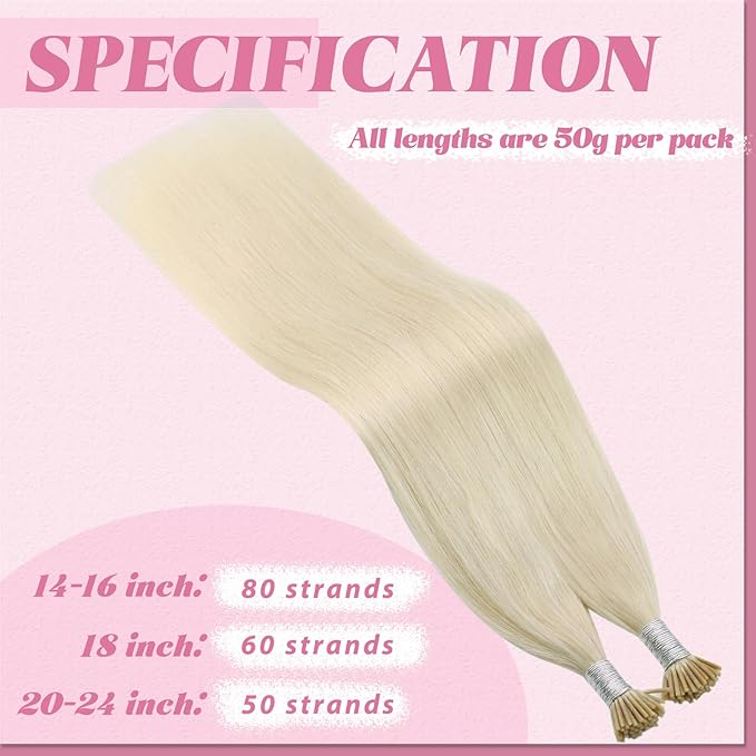 YoungSee I Tip Hair Extensions Human Hair Blonde Itip Human Hair Extensions Platinum Blonde 14 Inch 80s 50g Itip Hair Extension for Women I-Tip Extension Natural Looking