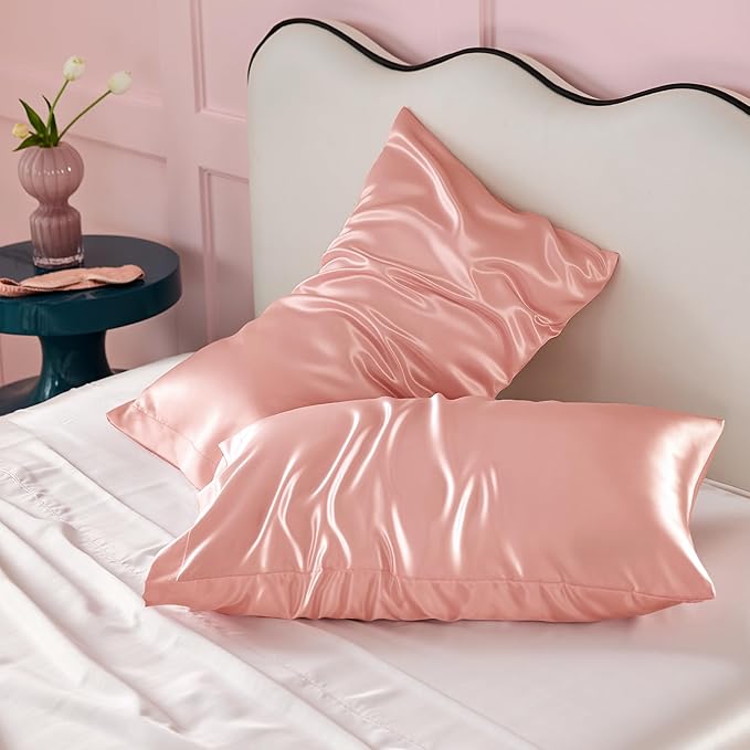 Bedsure Satin Pillowcases, Similar to Silk Pillow Cases Queen Size Set of 2, Pillow Case for Sleeping Women with Envelope Closure, Gifts for Women Men, Peach Pink, 20x30 Inches, 2pcs