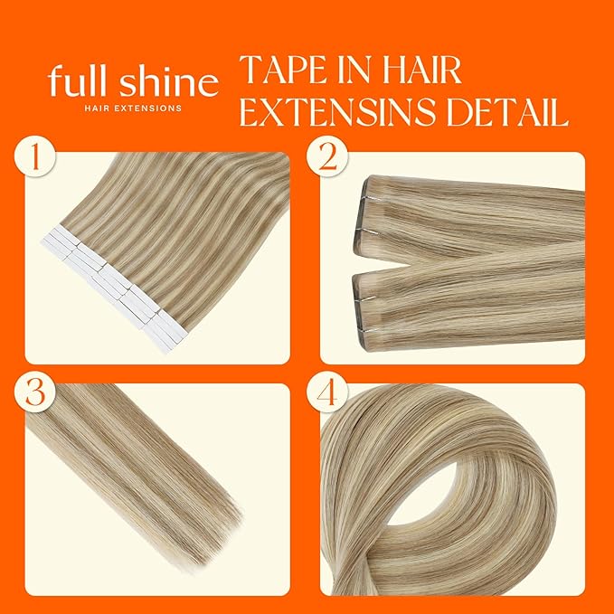 Full Shine Injected Tape in Hair Extensions Human Hair 18 Inch Double Sided Color 16 Golden Blonde Highlight 22 Medium Blonde Remy Seamless Skin Weft Insert Tape in Extensions 20Pcs 50G