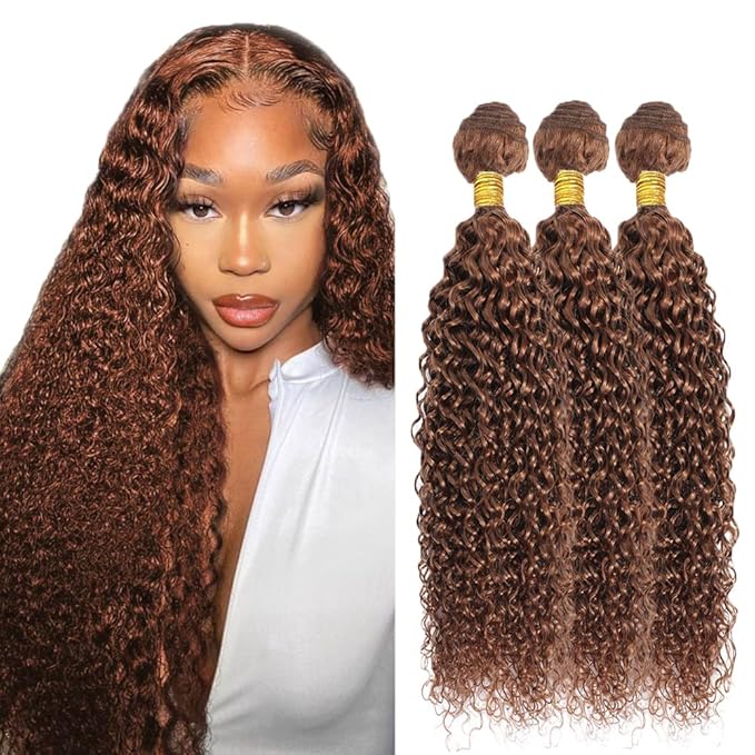Color #30 Human Hair Bundles Light Brown Water Wave Bundle 24 26 28 Inch Niegmeag Brazilian Virgin Soft and Silky Remy Hair Extensions Color #30 Wet and Wavy Bundle