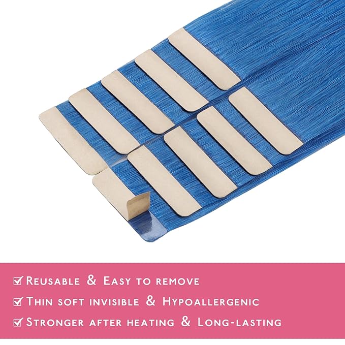 Wennalife Tape in Hair Extensions Human Hair Blue Tape in Extensions, 10pcs 20g 10 inch Remy Invisible Tape Ins Straight Colored Soft Real Human Hair Tape in Extensions Refill Set Extensions