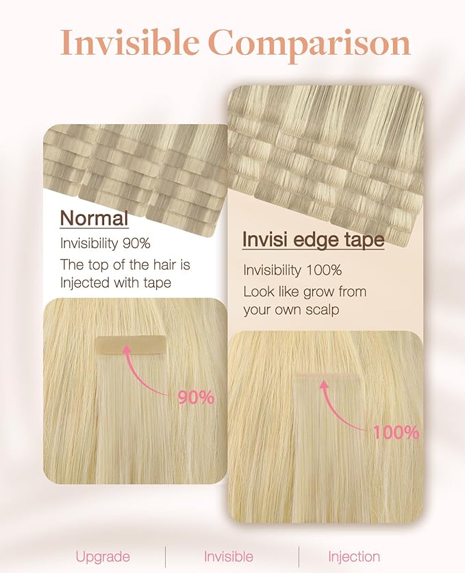 GOO GOO Invisi Edge Tape in Hair Extensions Human Hair, 17A/60A Ash Blonde Highlighted Platinum Blonde 10pcs injected with 10pcs classical tape ins, 14inch 50g, Virgin Remy Hair, Natural Look