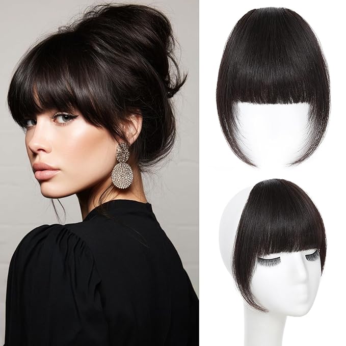 Clip In Bangs for Women, Brown Black French Bangs Hair Clip with Temples, 100% Real Human Hair Layered Curved Fringe for Halloween and Daily Use(Brown Black, French Bangs)
