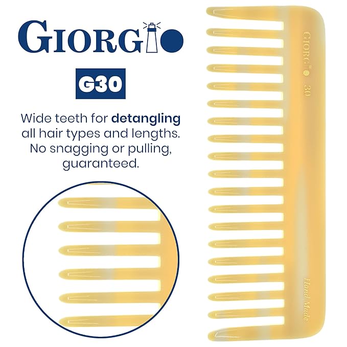 Giorgio G30 Large 5.75 Inch Detangling Comb, Wide Teeth for Thick Curly Wavy Hair. Long Hair Detangler Comb For Wet and Dry. Handmade of Cellulose, Saw-Cut, Hand Polished, Ivory