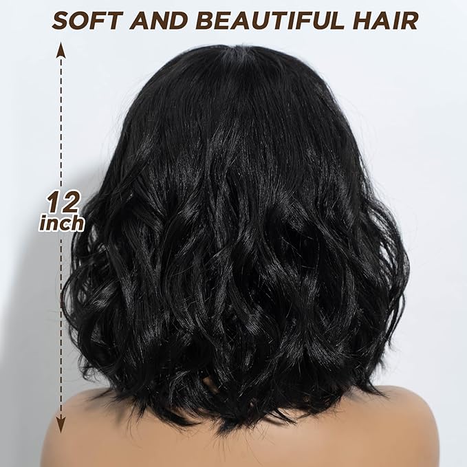 NOBLE Black Bob Curly Wavy Wig with Bangs for Women, Natural, Heat Resistant Synthetic Fiber Wig for Daily Party Cosplay Costume