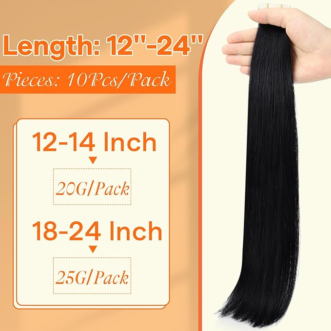 Full Shine Invisible Tape in Extensions 16 Inch Seamless Injection Tape in Virgin Hair Extensions Color Black Mixed Silver injected Machine Remy Virgin Hair 20G 10Pcs for Women