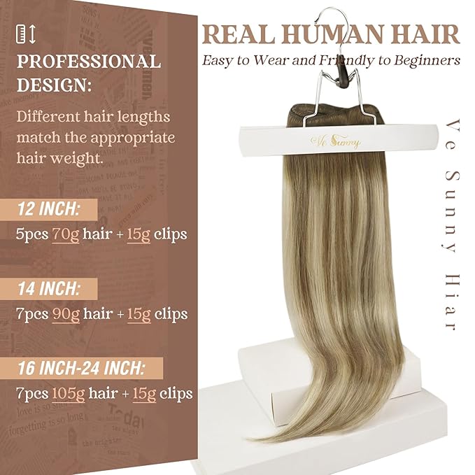 Ve Sunny Clip in Hair Extensions Brown Balayage Clip in Extensions Dark Brown Balayage Light Brown Mix Blonde Clip in Hair Extensions Real Human Hair for Women Natural Color 20inch 7pcs 120g