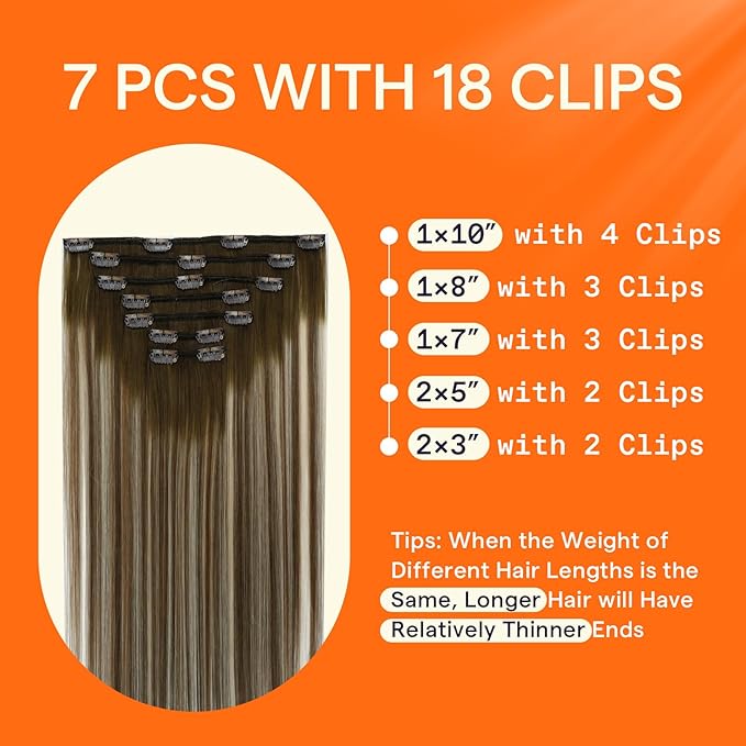 Full Shine Hair Extensions Real Human Hair Clip ins Ombre Clip in Hair Extensions Straight Brown Balayage Ash Brown Mix Blonde Hair for Women 14 Inch 7 Pcs 120 G