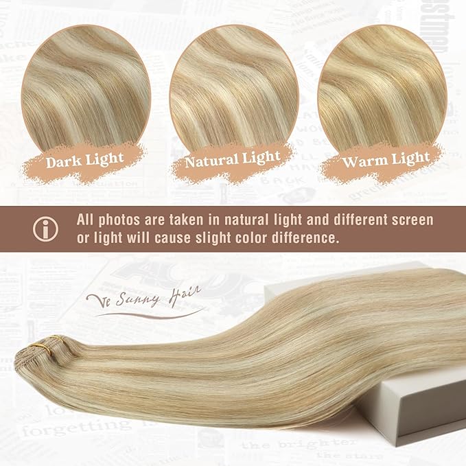 Ve Sunny Blonde Clip in Hair Extensions Highlight Human Hair Clip in Extensions for Women 12 Inch Real Hair Extensions Clip in Human Hair 80g