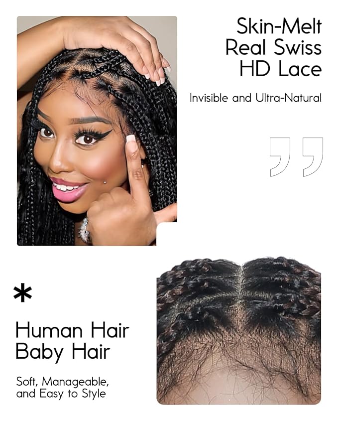 Human Hair Boho Curls Hand-Tied HD Full Lace Wig - 36" Salon-Level Small Box Synthetic Braids (79 Braids, Medium Density) Pre-Cut Swiss HD Lace, Pre-Plucked, Tangle-Free - 1B/27 Honey Blond