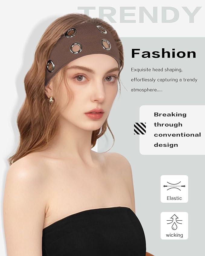 Grommet Headband for Women, Plus Brown 23cm Hollow Out Elastic Hair Band, Eyelets Punk Grunge Stylish Hairband