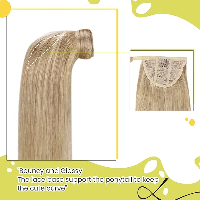 RUNATURE Blonde Hair Ponytail Extension, Real Human Hair Ponytail Extension, Natural Remy Hair for Women, Easy to Install, Long Ponytail 20 Inch 80g #16P22 Beige Blonde Highlights