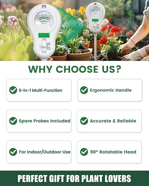 6-in-1 Soil Tester with 3 Probes - Soil Moisture, pH, Fertility, Temperature, Light & Air Humidity Meter, Soil Test Kit for Garden, Lawn, Indoor and Outdoor Plants