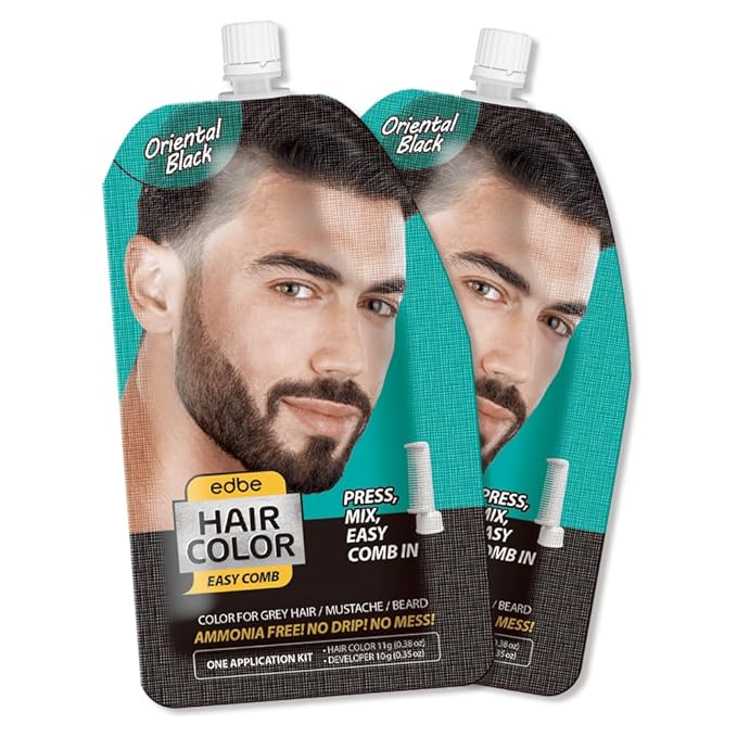 Edbe Hair Color Easy Comb Oriental Black (2 Pack) - Grey Hair Mustache and Beard Coloring for Men with One Application Kit…