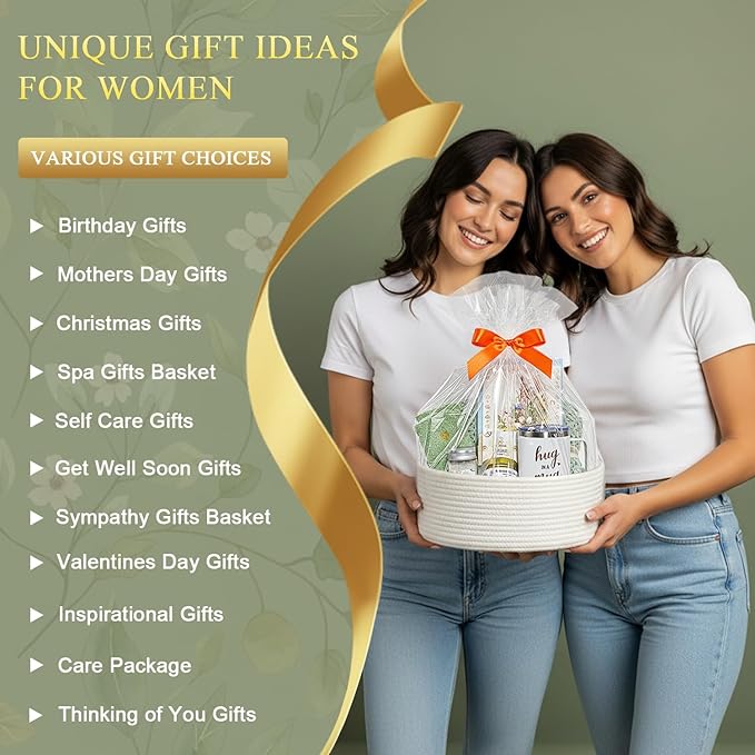 8 Pcs Gift Baskets for Women, Birthday, Self Care, Thank You, Get Well Soon, Unique Spa Gifts Set for Mom, Her, Sister, Wife, Friends, Christmas, Small Woven Basket with Gift Bags (Sage Green)