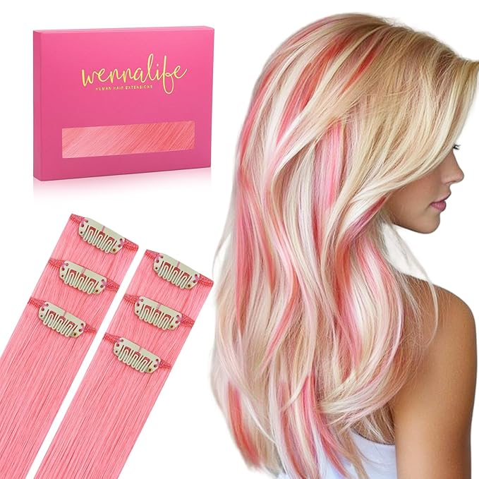 WENNALIFE Peach Pink Clip in Hair Extensions Real Human Hair 35g 6pcs 24 Inch Colored Hair Extensions for Kids Women Colorful Hair Pieces Pop-up Style Straight Extensiones De Cabello Humano Con Clip