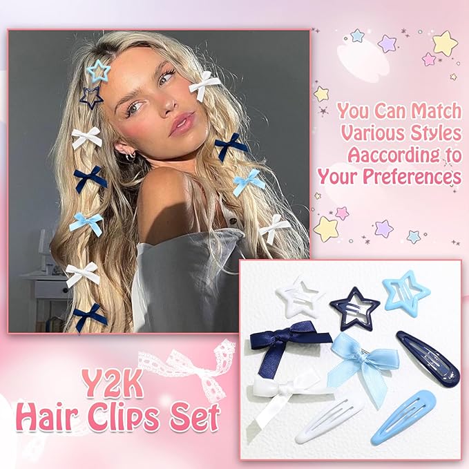 36Pcs Navy Blue Mini Bow Hair Clips Star Snap Hair Barrettes for Women White Water Drop No Slip Hair Clips Small Hair Bows Star Bowknot Hair Accessories for Teens Girls