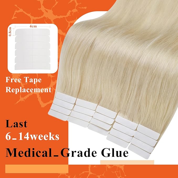 Full Shine Invisible Hair Extensions Tape in Platinum Blonde 60 Blonde Hair Extensions Real Human Hair 14Inch Straight Hair Extensions for Short Hair 20pcs 50Grams Add Volume