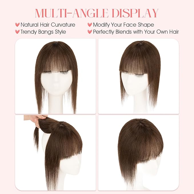 Hairro Mono Hair Toppers with Bangs, 3.4" x 3.4" Mono Base 100% Real Human Hairpieces for Women, 150% Density Clips In Topper for Greyish Thinning Hair, 14 Inch Dark Brown