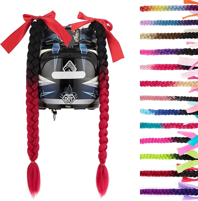 SEGO 1PCS/2PCS Helmet Pigtail Braids with Detachable Suction Cup Bowknot Ponytail Hair Many Colors (Helmet not Included)