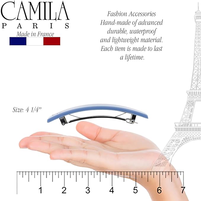 Camila Paris CP3444 French Hair Barrette Clip for Girls, Blue, Rubberized Automatic Clasp Strong Hold Grip Hair Clips for Women, No Slip and Durable Styling Girls Hair Accessories, Made in France