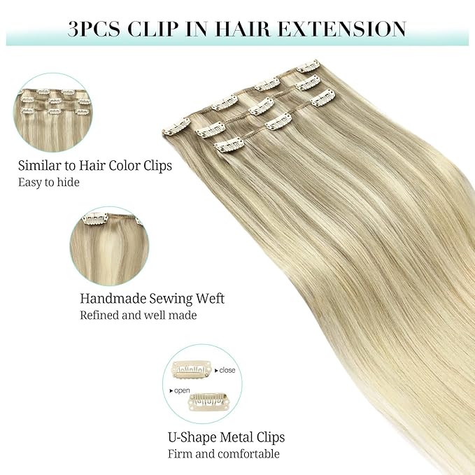 DOORES Hair Extensions Clip in Human Hair, 3pcs 60g 14 Inch Balayage Ash Blonde to Golden Blonde and Platinum Blonde Remy Clip in Human Hair Extensions Natural Straight Hair Extensions