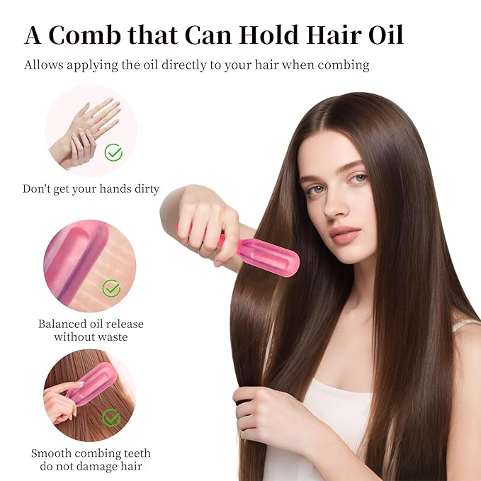 Hair Oil Applicator Comb, Hands-Clean Oiling Brush for Quick Even Application, Wide Teeth Oil Distribution Comb with 10ml Container/Scale Handle for Women/Girls Thick/Curly Hair Daily Care