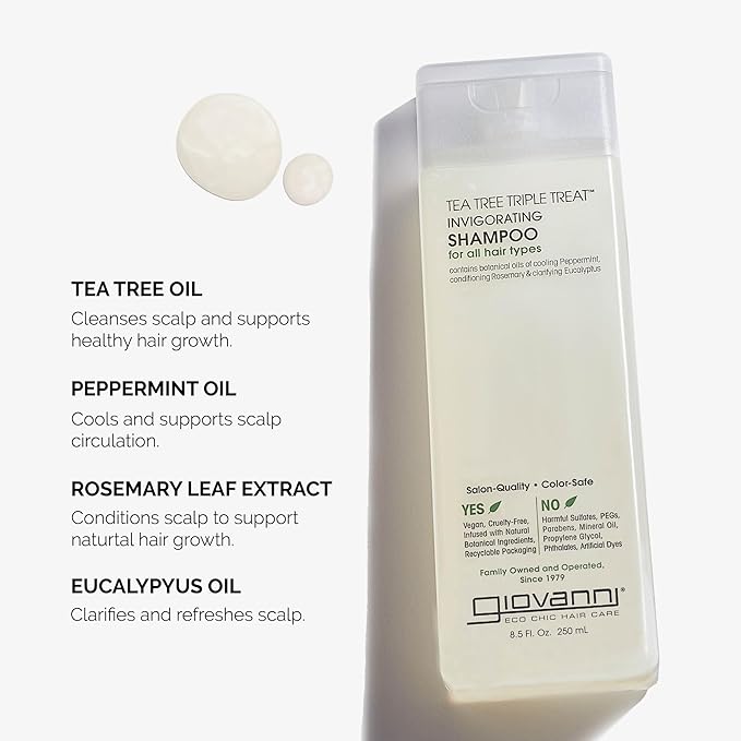 GIOVANNI Tea Tree Invigorating Shampoo - Special Clarifying Shampoo w/Organic Natural Oils for Women & Men, Cleansing & Moisturizing for Thin Hair, Rosemary, Eucalyptus & Peppermint Oil - 128 Fl Oz
