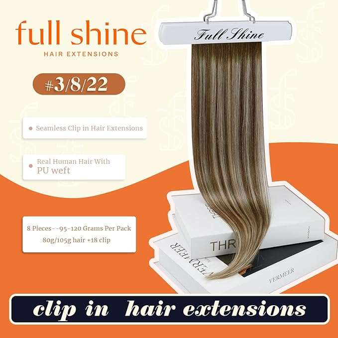 Full Shine Ombre Clip in Hair Extensions Human Hair Light Blonde Mix Light Brown Seamless Human Hair Clip in Extension for Short Hair Thick Ends 12 Inch 8 PCS 95 G