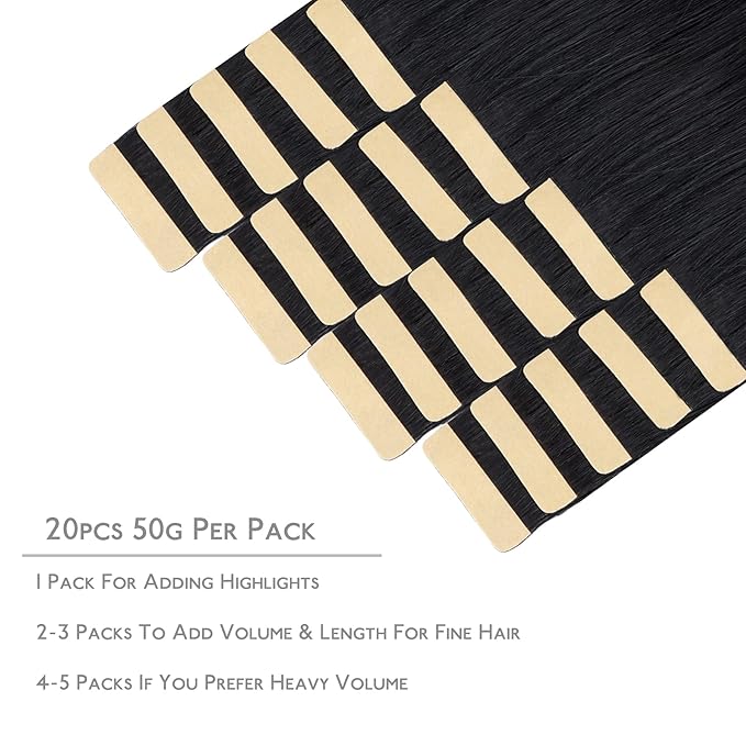 WENNALIFE Tape in Hair Extensions Human Hair, 20pcs 50g 16 inch Jet Black Remy Straight Extensions Skin Weft Tape Extensions
