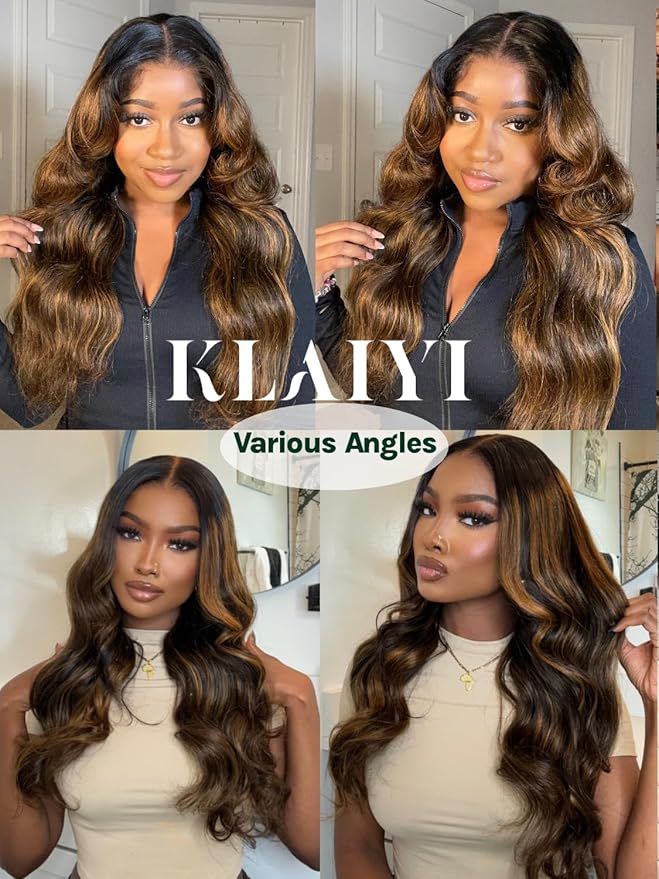 KLAIYI Ombre Brown Body Wave Lace Front Wigs Human Hair Highlight Balayage 13x4x1 T Part Ear to Ear Lace Wig Pre Plucked with Baby Hair Easy to Wear and Go Wigs for Black Women Natural Hairline 24Inch