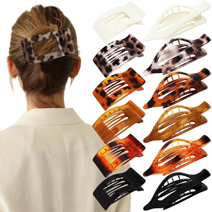 Velscrun Flat Hair Clips for Women Girls, 12 Pack Lay Flat Claw Clips, Large Side French Duck Billed Hair Jaw Claw Clip for All Hair Types, Work Daily Trendy Fashion Styling Gifts Hair Clip Tortoise